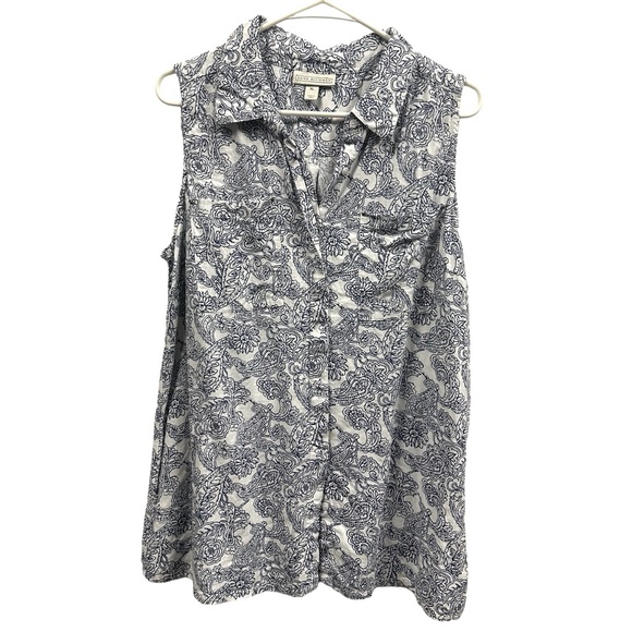 Dana Buchman Sleeveless Button Up Paisley Print Blue White Pocket Shirt Size XL - Picture 5 of 10